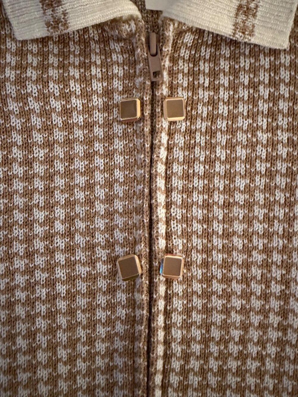 Mita Cardigan Womens Zip-up Cardigan Sweater Size 4 Tan Knit Houndstooth Vintage - Picture 3 of 10